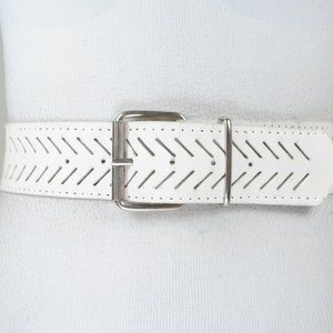 Wide White Laser Cut belt for women. Silver Trench buckle