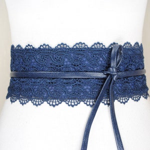 Large ceinture en dentelle bleue, ceinture portefeuille, ceinture obi en dentelle bleue pour femme, ceinture corset bleue, ceinture cinch