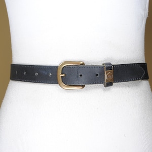 Elegant Dark Grey Leather Belt, Black Brass Buckle Belt, Unisex Black Leather Waist Belt, Minimalist Belt for Men and Women