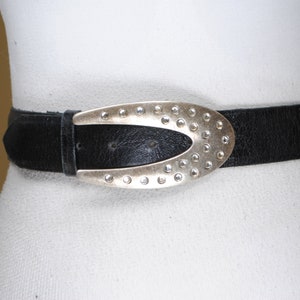 Vintage Black Leather Belt with Silver Studded Buckle, Western Rocker Waist Belt, Unisex 1980s Statement Belt