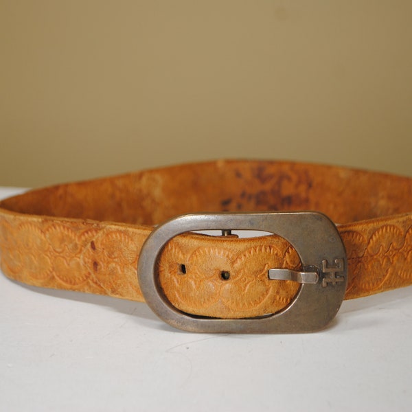 XS Tan Brown Embossed Leather Belt, High Waist Floral Ornament Belt for Women