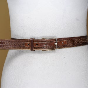 Vintage Brown Leather Belt with Embossed Woven Pattern, Classic Slim Waist Belt for Men Women, Handmade Brown Belt with Silver Buckle