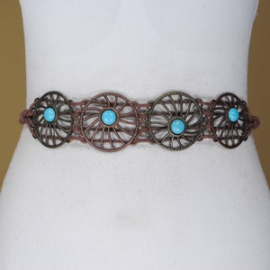 Boho Turquoise Belt for Women, Western Style Waist Belt, Rustic Brown Cotton and Metal Wheel Design Belt