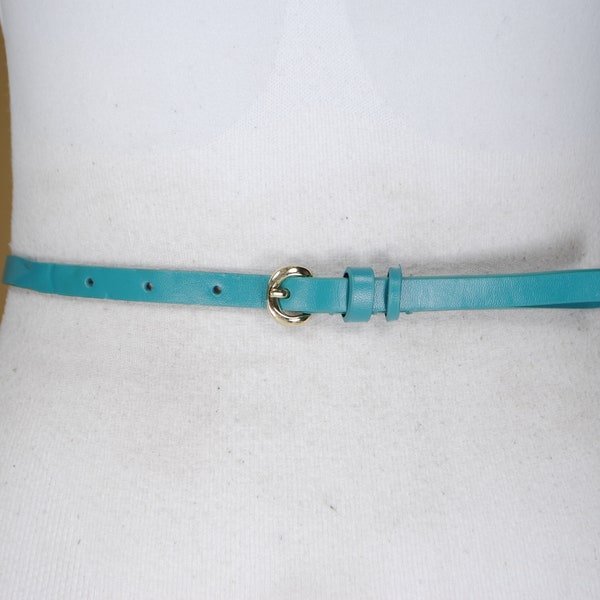 80s 33''-37'' Skinny Blue Belt for Women with Gold Buckle , distressed belt