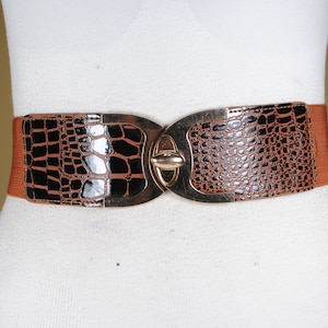 Vintage Brown Croc Elastic Belt, Gold Buckle Stretch Waist Belt, Crocodile Embossed Belt for Women, 80s Statement Waist Cincher