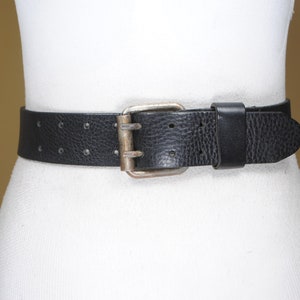 Black Double-Prong Leather Belt, Thick Grunge Belt for Women & Men, Rugged Black Punk Rock Waist Belt, Western Black Belt