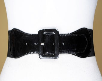 Black Wide Patent Stretch waist Belt for women with Trench Covered Buckle. Elastic Corset Belt