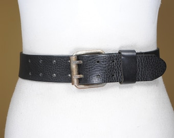 Cinturón de cuero negro de doble punta, grueso y estilo grunge para mujer y hombre, resistente cinturón punk rock negro, estilo western negro.