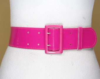 70s Pink Vinyl Belt, Trenchcoat Buckle Waist Belt, Vintage Plastic Belt, Retro Y2K Belt, Disco Statement Belt for Women