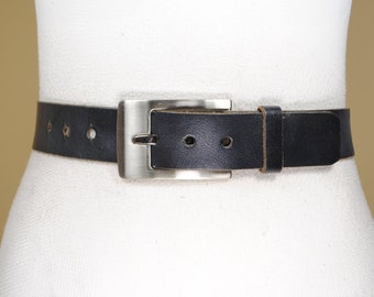 Plain Black Leather Belt with Silver Buckle