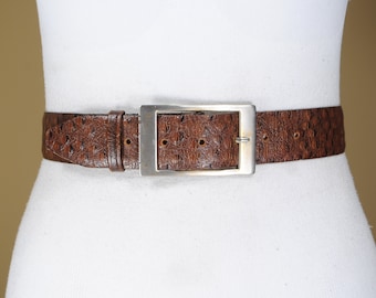 Vintage Perry Ellis Ostrich Belt Perry Ellis Light Brown Ostrich Embossed Leather Belt SZ L  main image 3