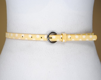 90s,  31''-36'', Yellow skinny waist fabric belt for women, Yellow white dotted belt, 50s style belt