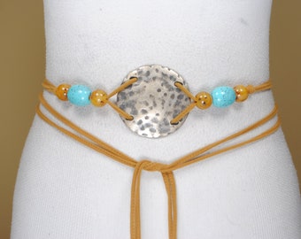 Boho Hammered Plate Tie Belt: Turquoise Beads, Tribal Style  display picture 1