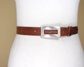 Tan Brown Leather Belt with Silver Buckle