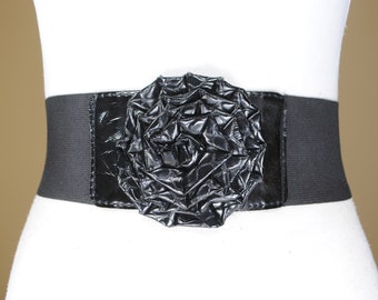 Ceinture élastique vernie noire des années 80 34 "-39", ceinture à boucle à grande fleur, ceinture élastique large pour femme