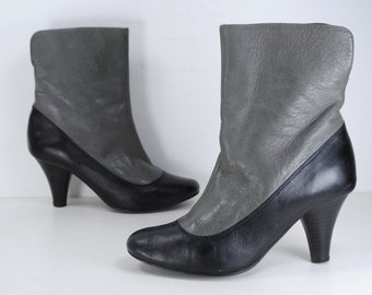 15 inches calf boot upcycled boot square end painted by hand size 37 black leather boot small heel