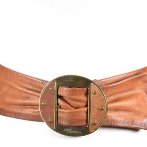 Vintage Jane Norman Brown Leather Belt, Wide Stretch Waist Belt with Gold Buckle, Statement Rustic Boho Belt for Women