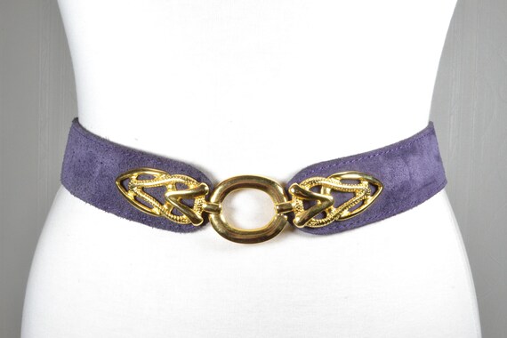 Vintage Purple Suede Belt: Gold Celtic Buckle, Elegant Waist  display picture 2