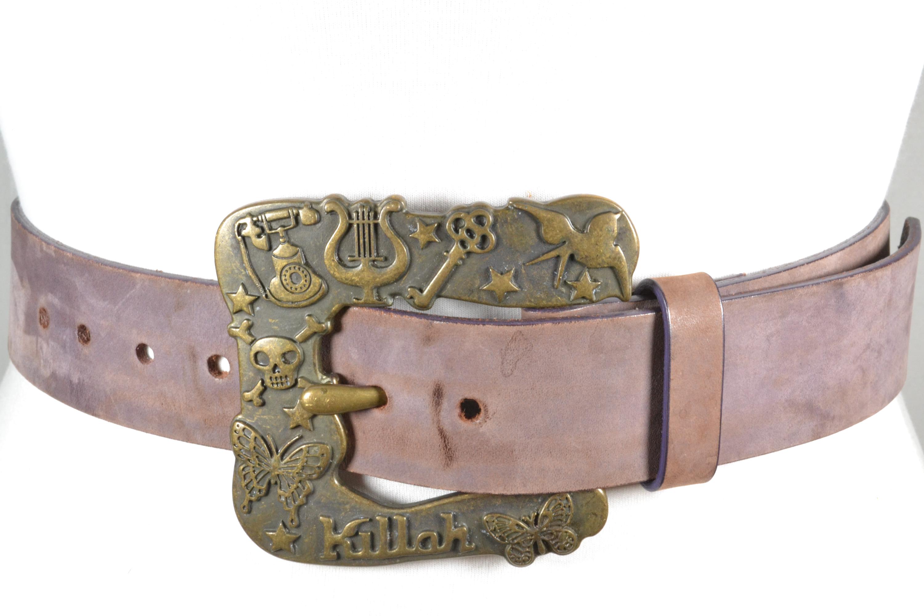 KILLAH belt. Vintage Mauve Leather Belt, Ornate Brass Killah Buckle, Y2K  main image 3