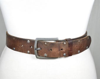 90s Calvin Klein Studded Brown Leather Belt: Silver Tone  display picture 1