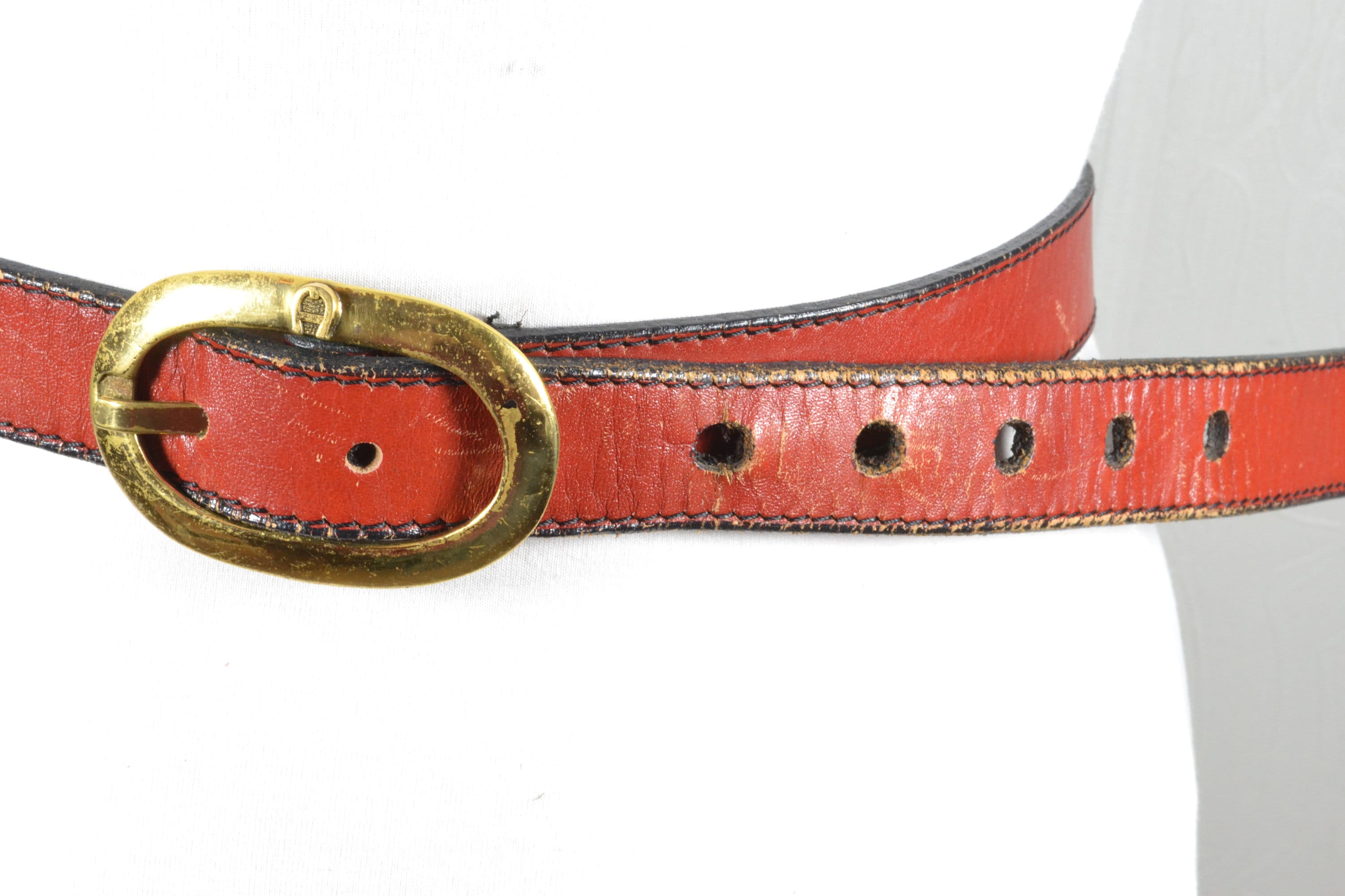 EITENNE AIGNER Vtg 80\'s Classic Preppy Red Leather Belt Brass Buckle 38 Italy Etienne Aigner Leather Belt| 90s Red leather belt  main image 3