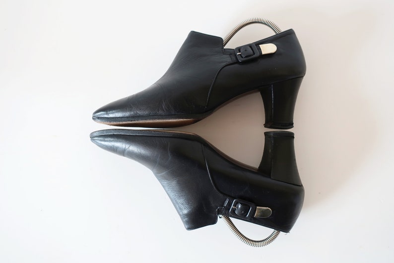 1970s black leather ankle heel boots for women with buckle size US 8 EU 38