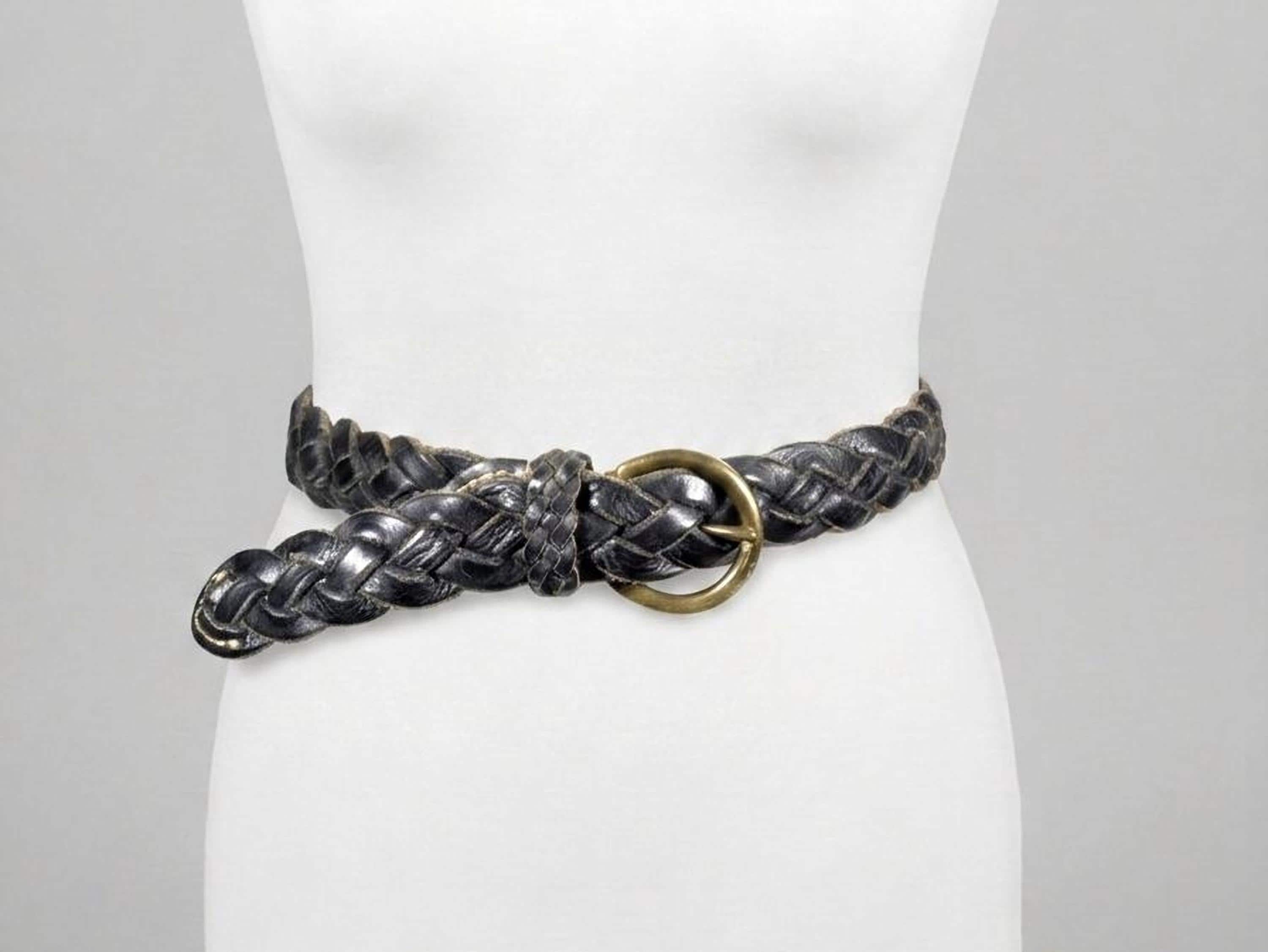 Vintage Leather Braided Waist Belt with Round Buckle - Black Women main image 2