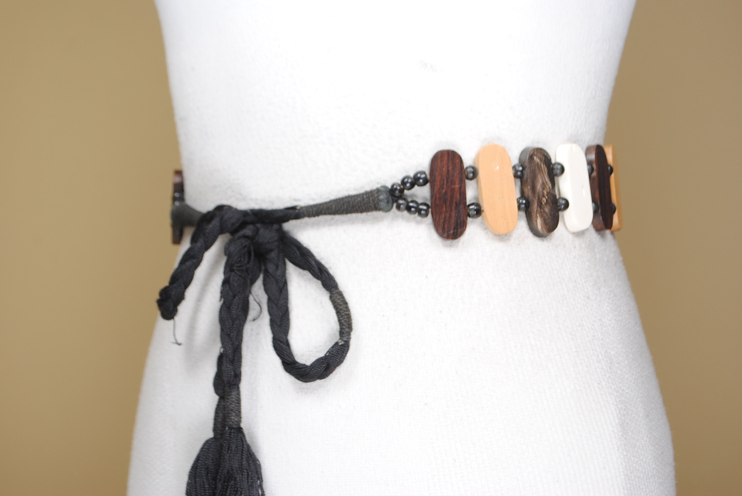 Vintage Wood & Bone Tie Belt With Black Fringe - Etsy