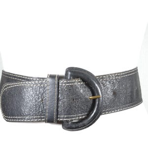 Vintage Black Wide Leather Belt with Oversized Rounded Buckle and Contrast Stitching, Bold Retro Statement Belt, Boho Chic Black Belt