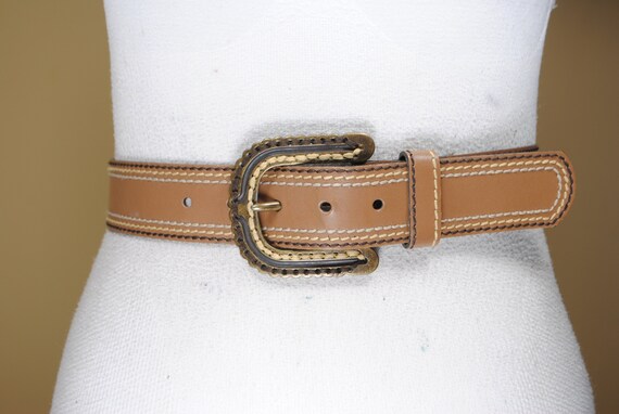 Antique Brown Leather Belt with Ornate Buckle Ornate Ovals Brown Leather Belt XM-5501 | Buffalo Trader Online main image 3