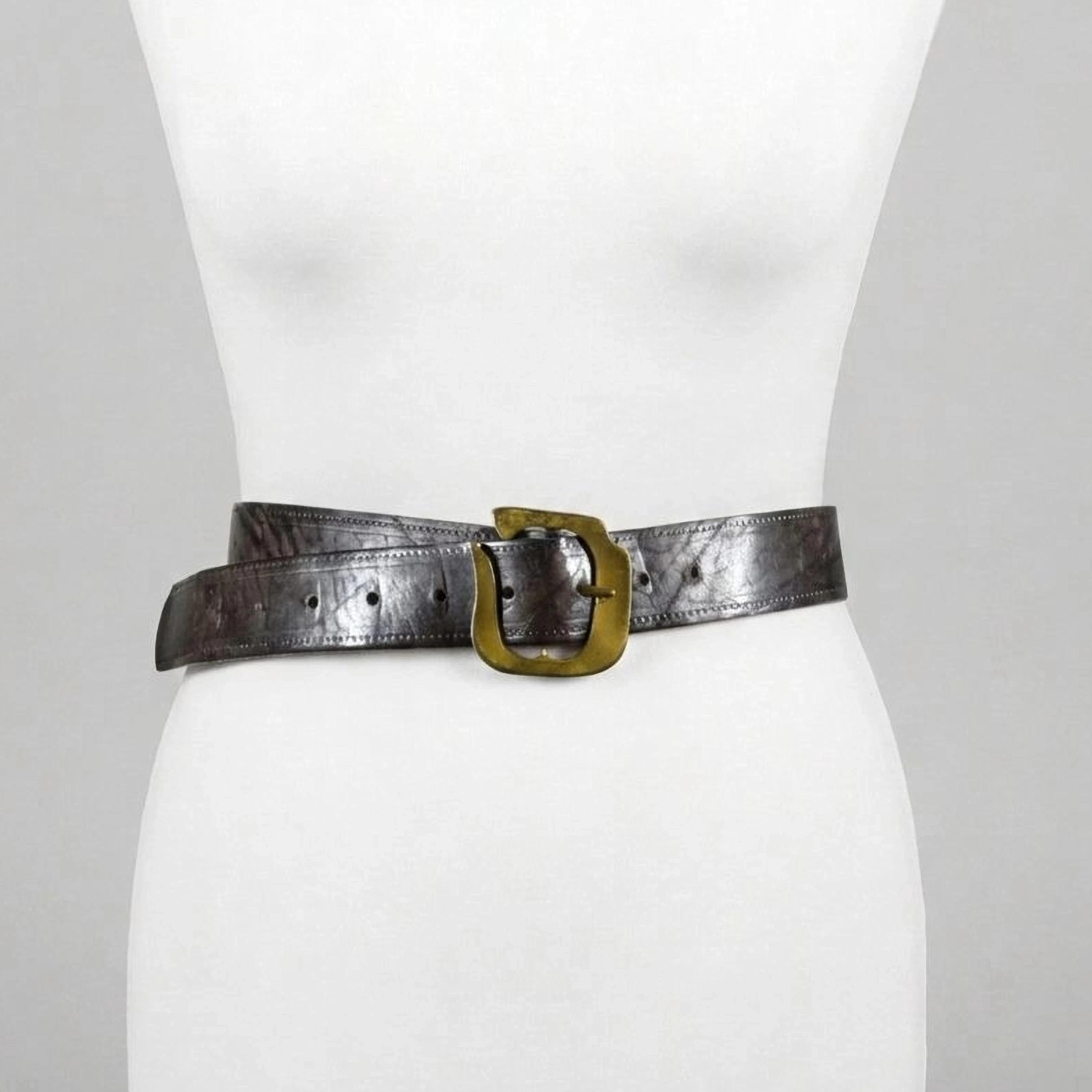 Vintage Dark Brown Leather Belt: Embossed Western Brass  display picture 1