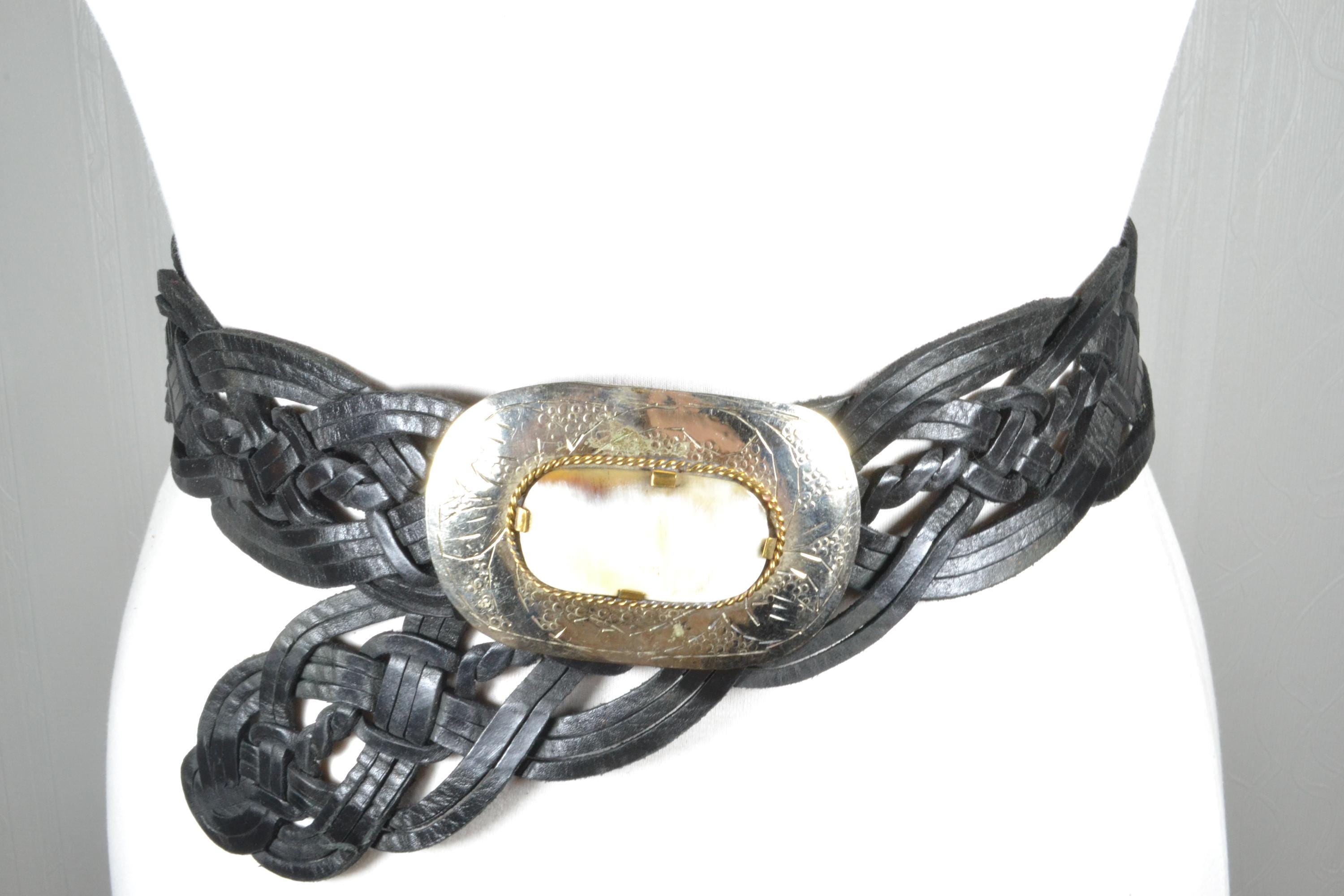 Wide Black Braided Leather Belt: Vintage Silver Buckle Waist  display picture 2