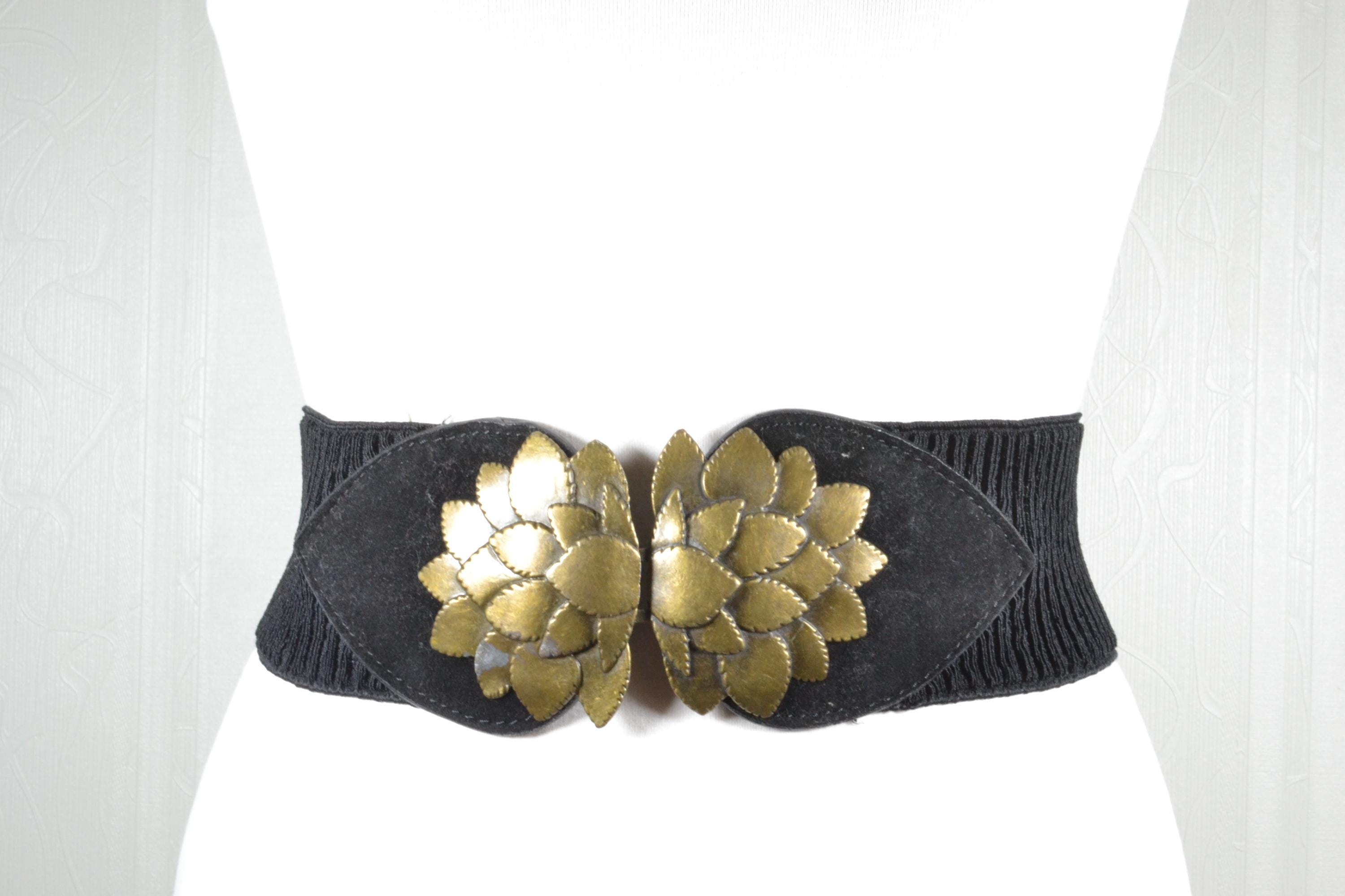 Black Elastic Waist Belt: Gold Floral Buckle, Wide Cinch (26 