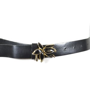 Vintage Skinny Black Leather Belt with Gold Floral Buckle, Elegant Women&#39;s Waist Belt