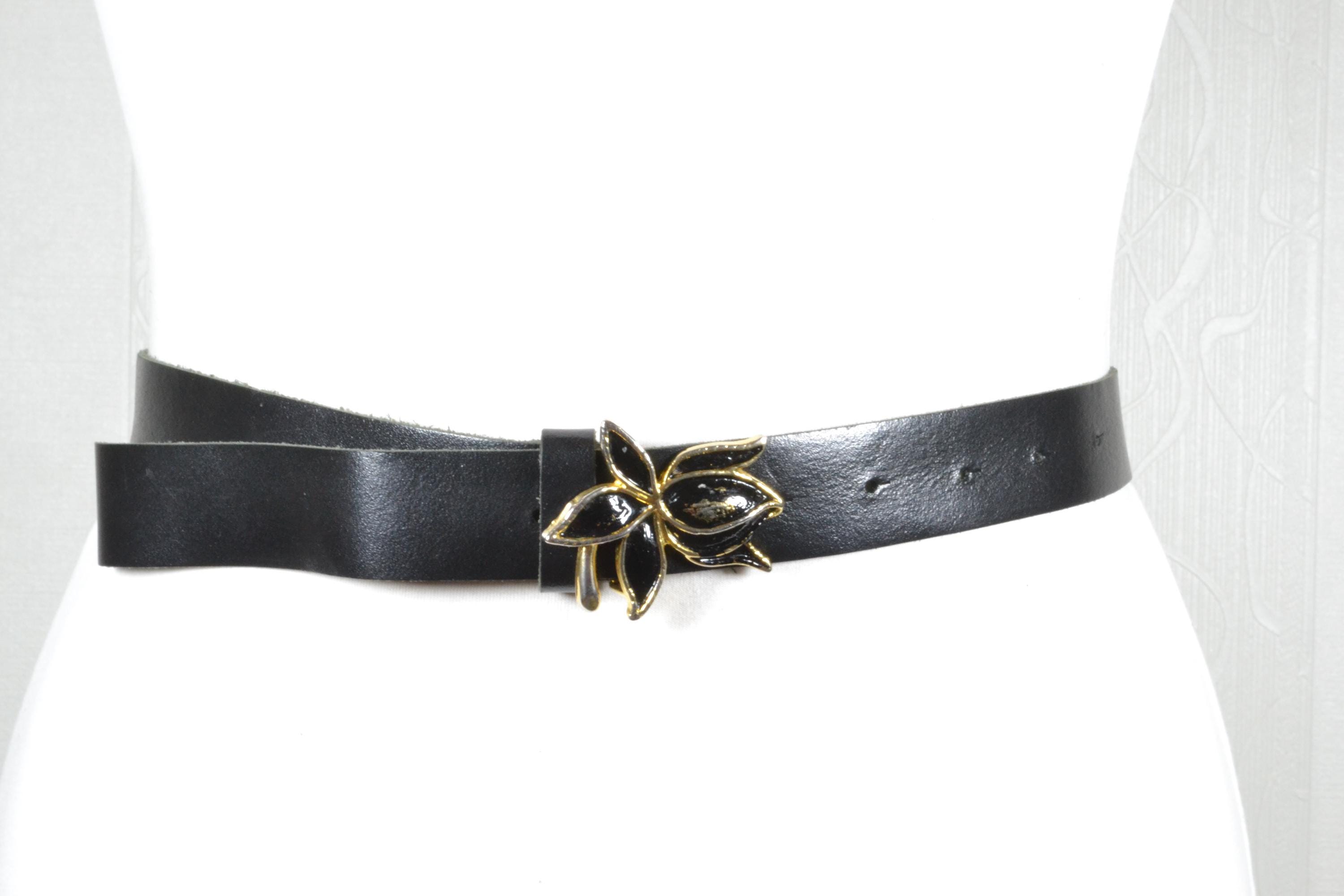 Vintage Skinny Black Leather Belt With Gold Floral Buckle 