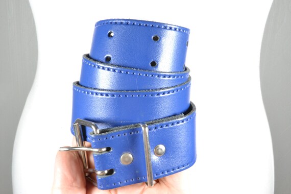 Wide Blue Leather Belt, Silver Buckle, Statement Waist Belt  display picture 2