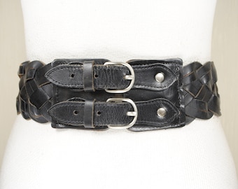Chico’s Braided Black Belt Metal Buckle Chicos Sellene Slouch Belt Womens Black Silver Woven Etch  main image 4