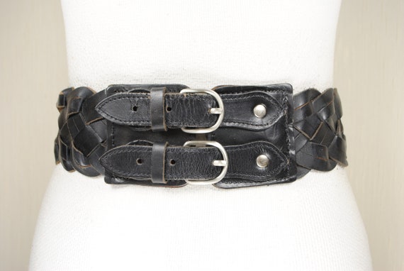 Vintage Wide Woven Black Leather Belt: Double Buckle - Etsy display picture 1