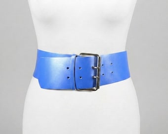 Vintage Wide Electric Blue Leather Corset Belt with Double Prong Silver Buckle