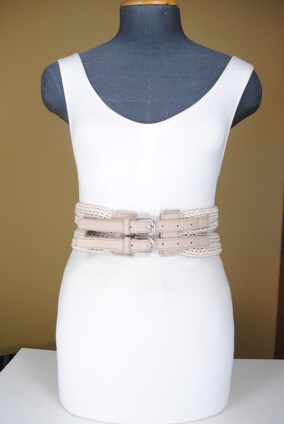 80s  25"-29" Wide Beige Cotton Belt for Women wit… - image 2