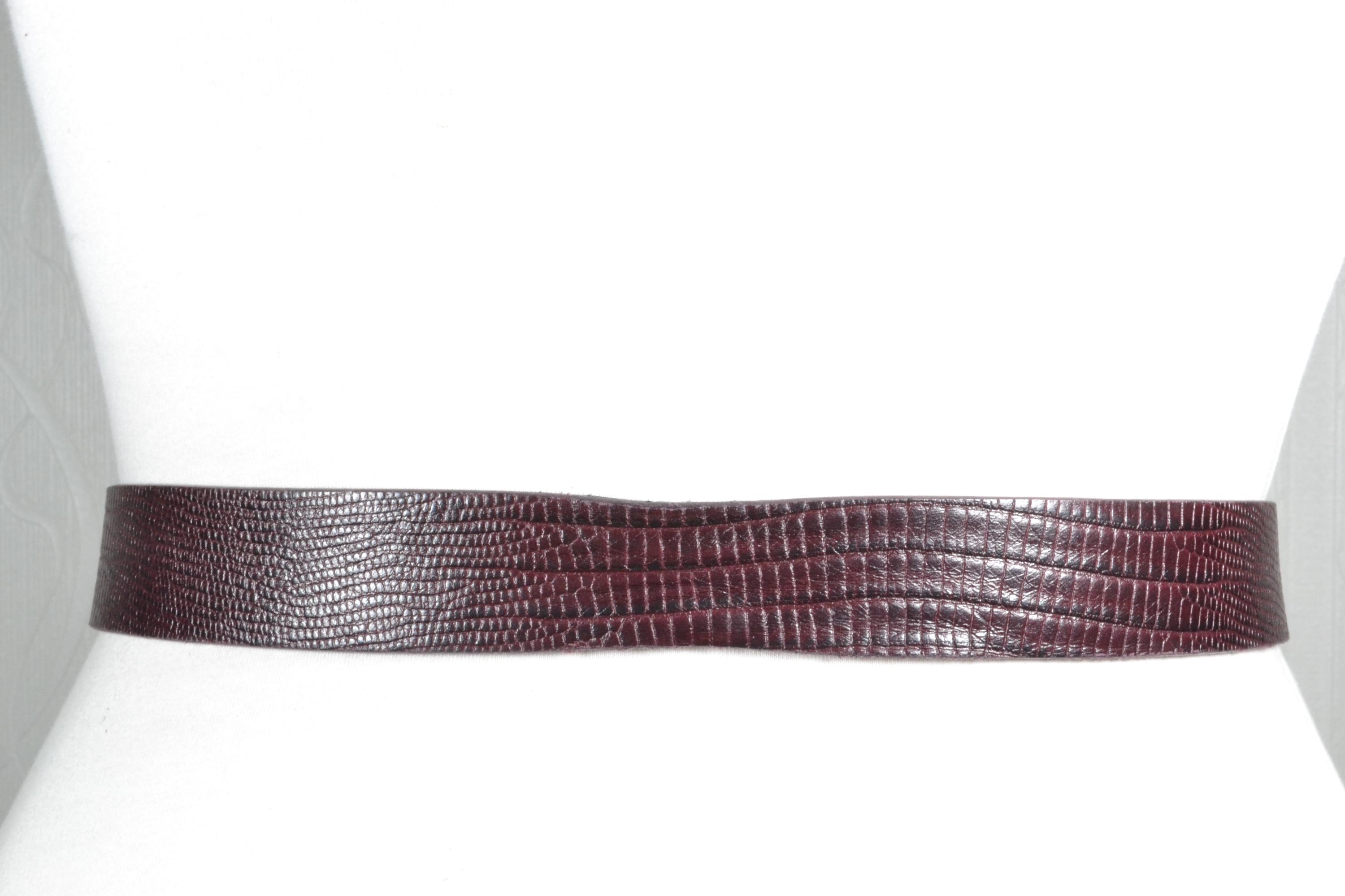 Vintage Lizard Embossed Leather Belt: Thin Maroon 80s Style 