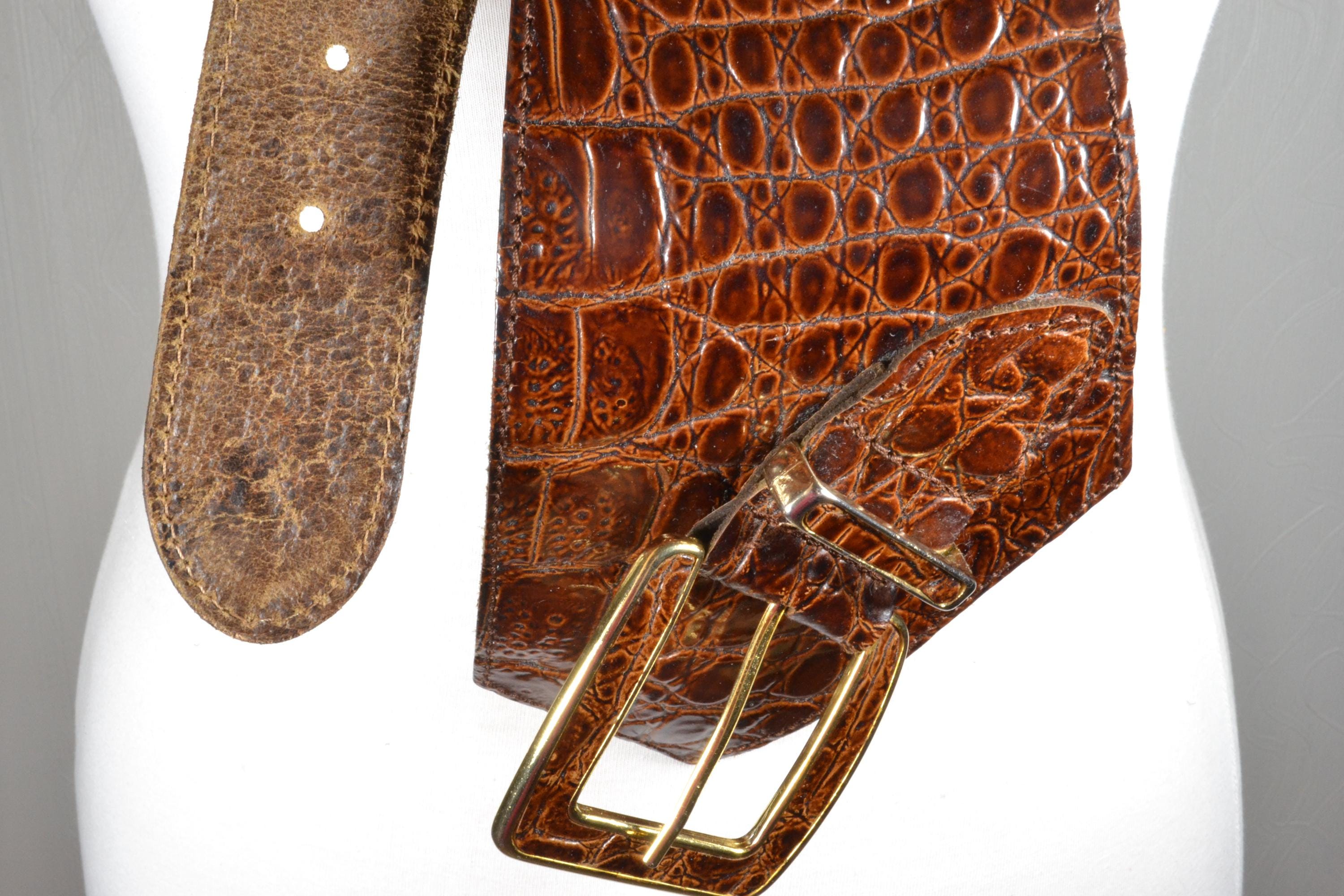 Vintage Croc Embossed Leather Waist Belt Wide Statement Gold Tone Buckle Size M Biagio Croc Embossed DARK BROWN Men main image 2