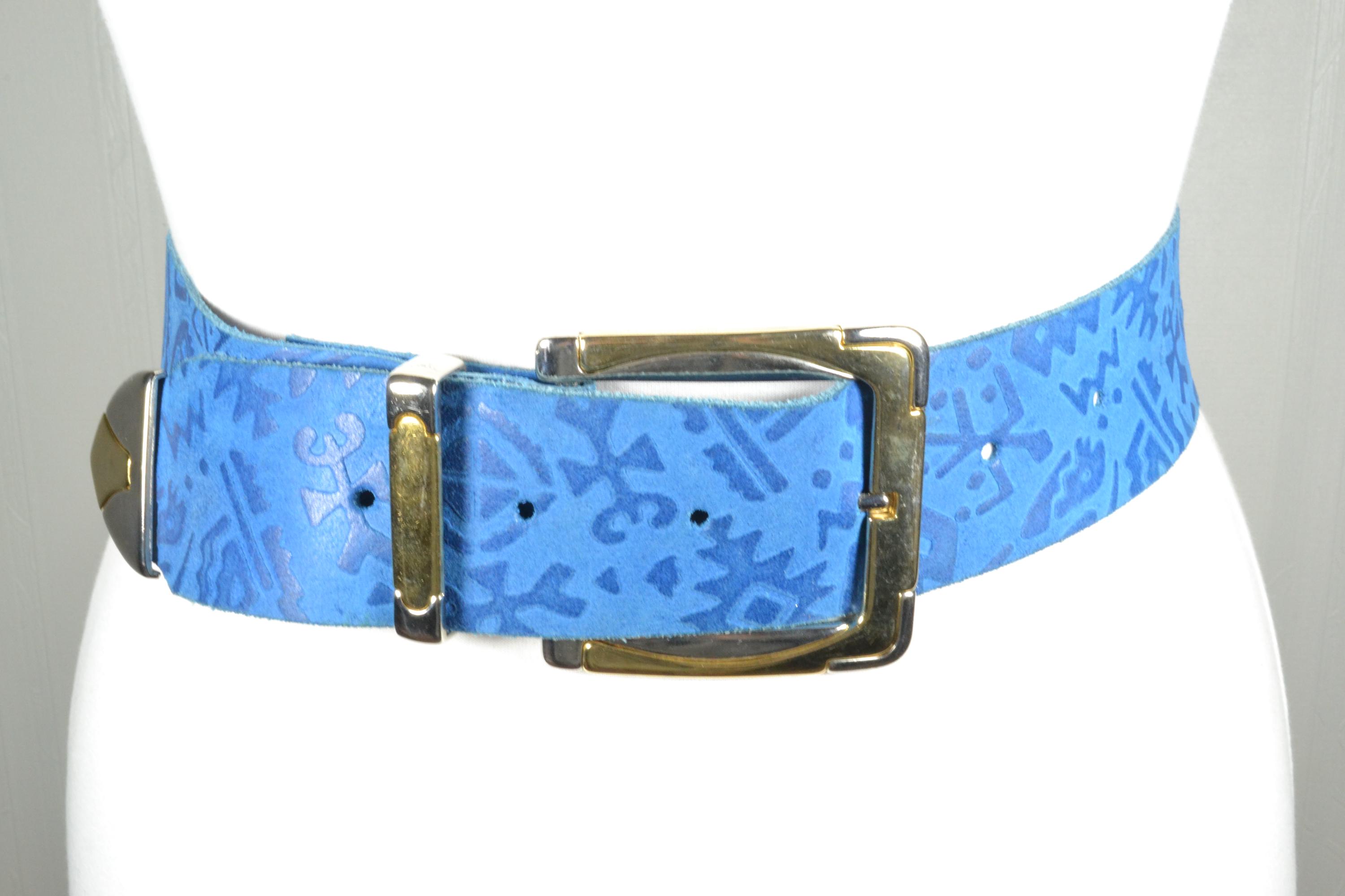 Vintage Blue Leather Belt: Abstract Pattern, Gold Buckle  display picture 1