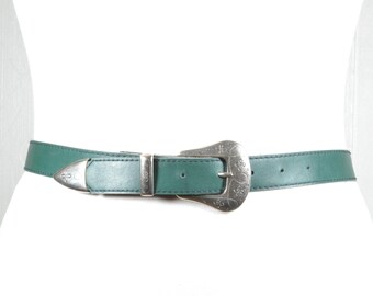 Vintage Green Leather Western Belt: Silver Engraved Buckle, Cowgirl Style