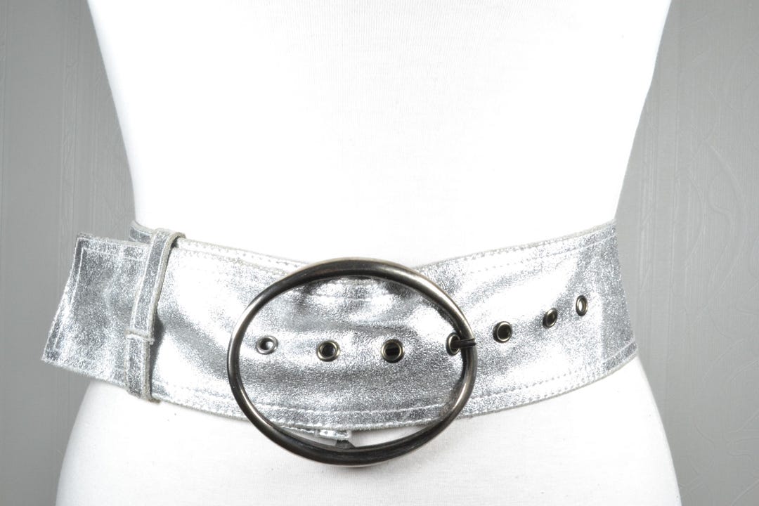 Vintage 80s Metallic Silver Wide Waist Belt, Glam Rock  display picture 2