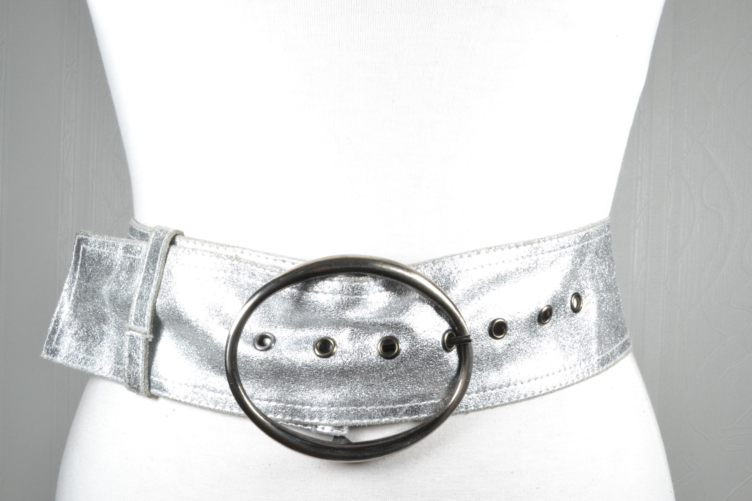 Vintage 80s Metallic Silver Wide Waist Belt, Glam Rock 