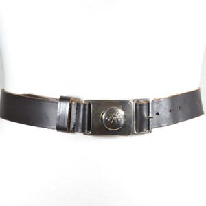 Vintage Black Leather Belt with Silver Engraved Military-Style Buckle, Unisex Adjustable Retro Statement Accessory