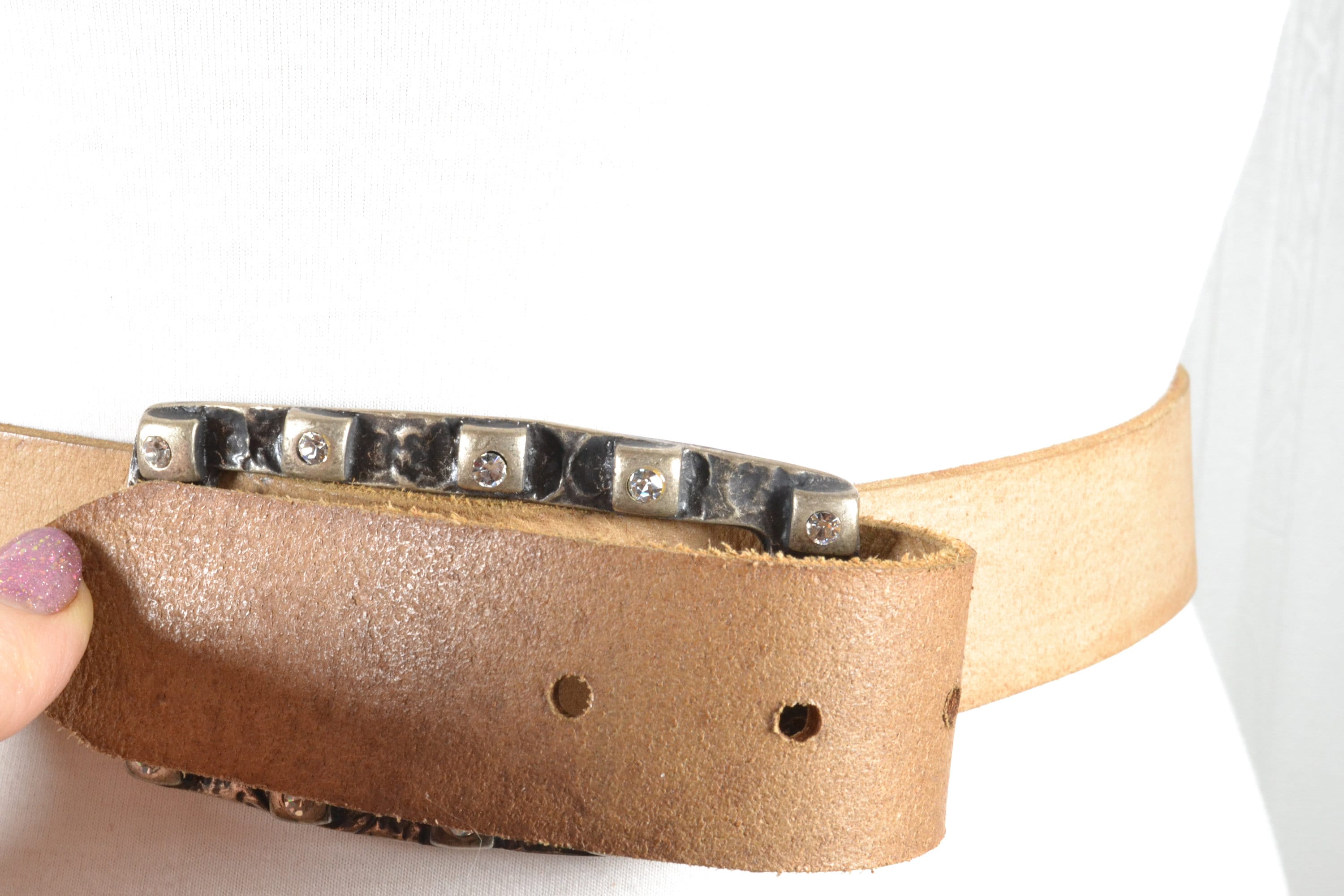 Vintage Wide Beige Leather Belt With Chunky Silver Studded  display picture 1