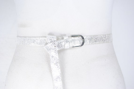 80s 34''  White Silver Skinny metallic belt for w… - image 4