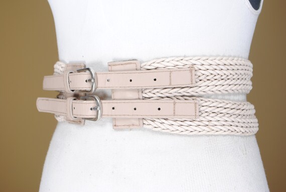 80s  25"-29" Wide Beige Cotton Belt for Women wit… - image 5